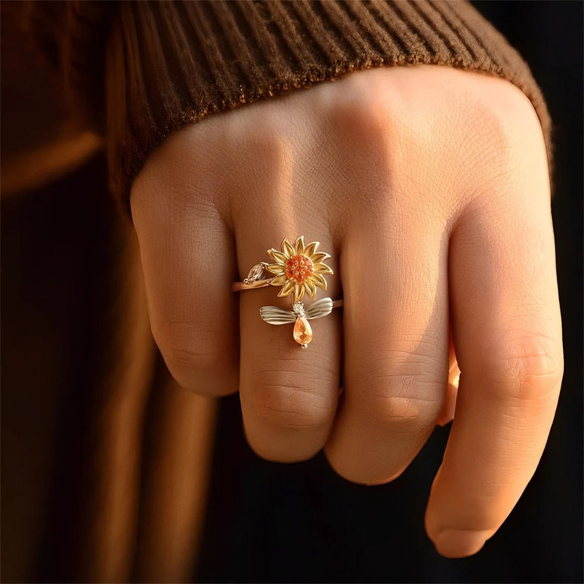 Spinning Sunflower & Bee Ring